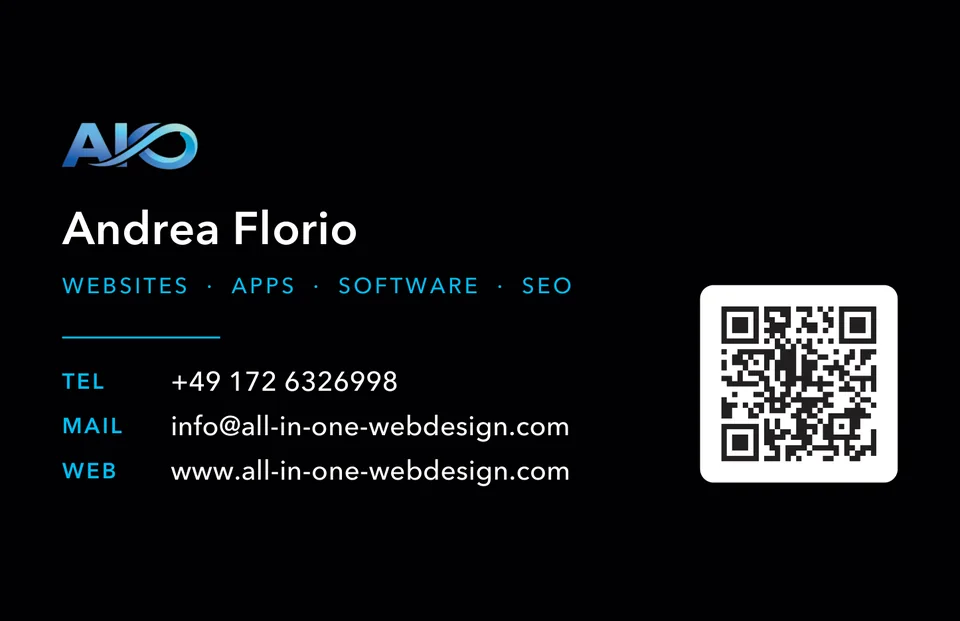Rückseite der Visitenkarte von All in One Webdesign mit Name, Leistungen, Telefon, E-Mail, Website und QR-Code