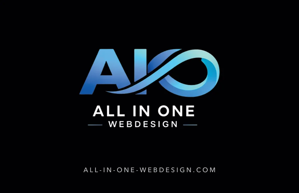Vorderseite der Visitenkarte von All in One Webdesign: blaues AIO-Logo mit Schriftzug auf Schwarz