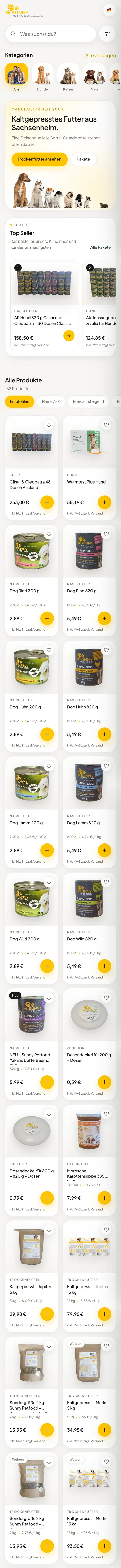 SunnyPetFood Online-Shop für Hunde- und Katzenfutter von All in One Webdesign